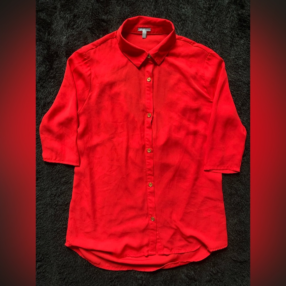 Charlotte Russe Women’s Red Blouse 3/4 Sleeve Open Back Gold Chain Sz S PreOwned